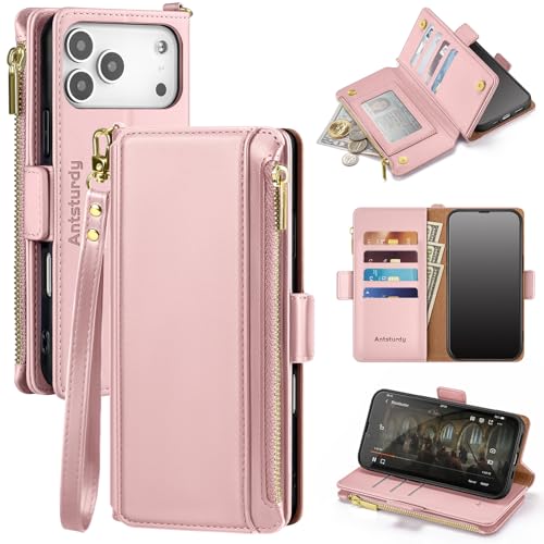 Antsturdy for iPhone 17 Pro Max Phone Wallet Case Women,Pink | RFID Blocking,with Credit Card Holder Slots,PU Leather Purse,Zipper Pocket,Wrist Strap Kickstand,Flip Folio Cover for Men - color: Pink