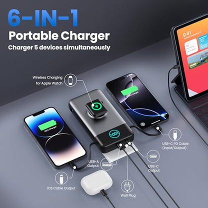 Portable Charger for iPhone, 40800mAh Power Bank with Built-in Cables & AC Wall Plug, All in One 5 Outputs USB C Fast Charging External Battery Pack for iPhone 17/16/15/14, Android, Travel Essential - color: Black