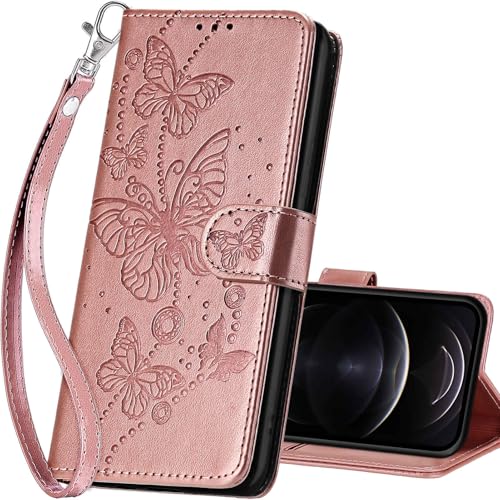 for iPhone 13 Pro Wallet case, Rose Gold-Butterfly | 3 Card Holders, Kickstand, Shockproof TPU Shell, PU Leather, Magnetic Closure, Protective Flip Folio Cover, Women - color: 6