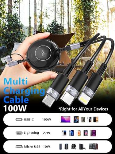 4FT Multi Charging Cable 100W Retractable USB C Multiple Charging Cable iPhone Fast Charging Cord 3-in-1 Multi Charger Adapter for iPhone 14 15 13 ipad,Pixel,Samsung Universal Cable Travel Essentials