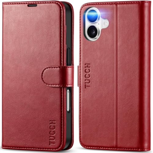 TUCCH Case Wallet for iPhone 16 (6.1") 2024, RFID Blocking Folio, Dark Red | 4 Card Holders, Kickstand, PU Leather, Magnetic Closure, Shockproof TPU Shell, Protective Flip Cover - color: Dark Red