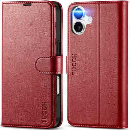 TUCCH Case Wallet for iPhone 16 (6.1") 2024, RFID Blocking Folio, Dark Red | 4 Card Holders, Kickstand, PU Leather, Magnetic Closure, Shockproof TPU Shell, Protective Flip Cover - color: Dark Red