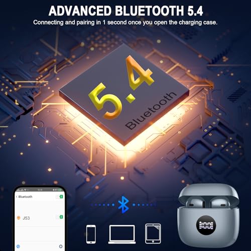 Wireless Earbuds, Bluetooth 5.4 Ear Buds, LED Power Display, 6D Bass Stereo - color: Dark Gray