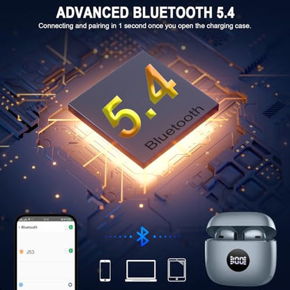 Wireless Earbuds, Bluetooth 5.4 Ear Buds, LED Power Display, 6D Bass Stereo - color: Dark Gray