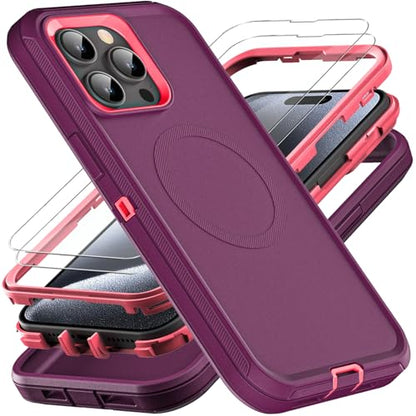 YKHJKLEC for iPhone 15 Pro Case, Compatible with Magsafe, Military Grade 3 in 1 Heavy Duty Shockproof/Drop Proof/Dust Proof Case with 2Pcs Tempered Glass Screen Protector (New-Purple/Pink) - color: New-Purple/Pink