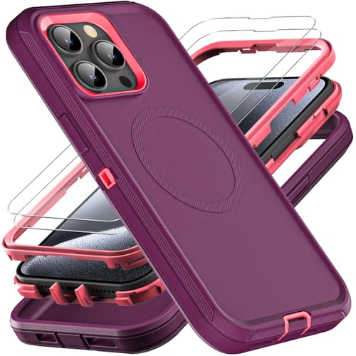 YKHJKLEC for iPhone 15 Pro Case, Compatible with Magsafe, Military Grade 3 in 1 Heavy Duty Shockproof/Drop Proof/Dust Proof Case with 2Pcs Tempered Glass Screen Protector (New-Purple/Pink) - color: New-Purple/Pink