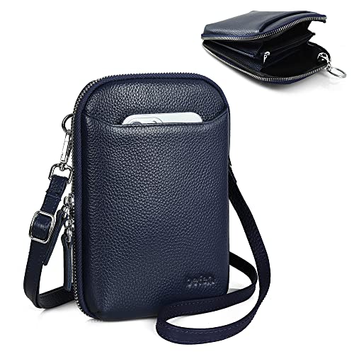 befen Genuine Leather Crossbody Cell Phone Purse for Women, Small Zip Around RFID Blocking Crossbody Wallet Bags - color: Navy Blue