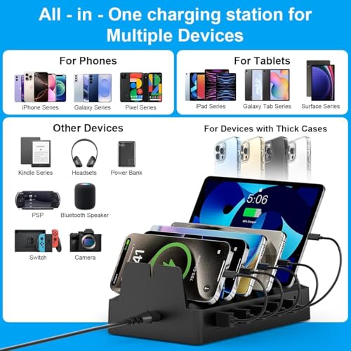 Charging Station for Multiple Devices, 6 Port USB Desktop Charger Dock Compatible with iPad, Samsung, Android, Tablet, Family Multi Phone Charging Organizer with Divider Holders, Fireproof ABS (Black)