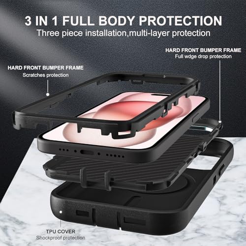 YKHJKLEC for iPhone 15 Case, Military Grade 3 in 1 Heavy Duty Shockproof/Drop Proof/Dust Proof with Kickstand Case, with 2 x Tempered Glass Screen Protector (ZJ-Black/Black) - color: ZJ-Black/Black
