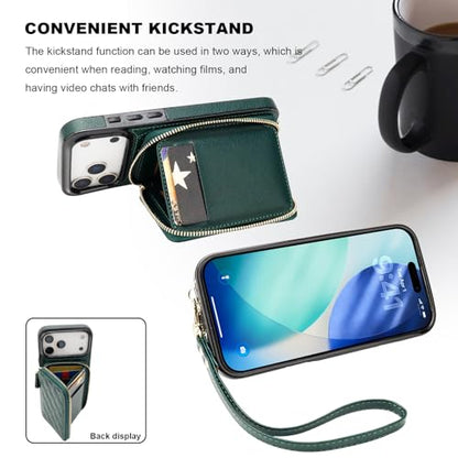 Bocasal Crossbody Wallet Case Card Holder for iPhone 17 Pro Max Dark Green | RFID Blocking PU Leather Zipper Handbag Purse, Kickstand Flip Folio Case with Card Slots Holder Wrist Strap Lanyard 6.9 Inch - color: Dark Green