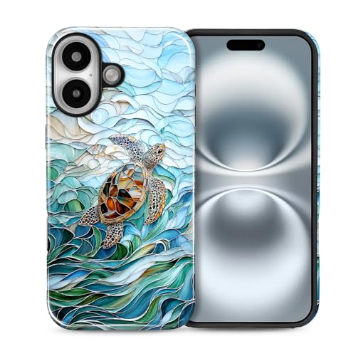 Case Compatible with iPhone 16, Cute Dual Layer Hybrid Phone Cover, Military Grade Drop Protection, Aesthetic Shockproof Phone Case for Women Girls, Stained Glass Sea Turtle - color: Stained Glass Sea Turtle, size: Iphone 16
