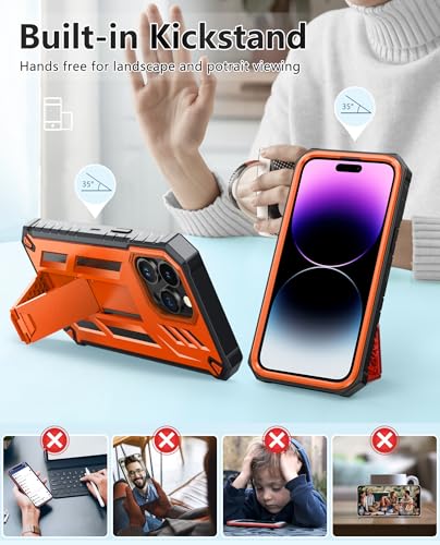 FNTCASE for iPhone 14 Pro Max Case, Built-in Screen Protector, Kickstand | 20FT Military-Grade Drop Protection, Anti-Slip Matte Textured, Rugged Heavy Duty Shockproof TPU Protective Cover - color: Orange
