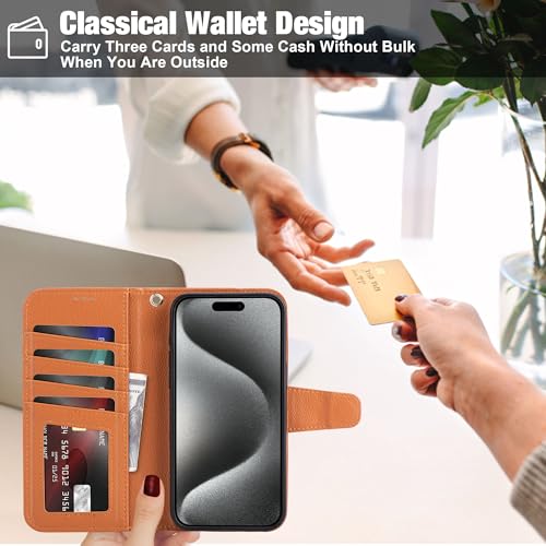 Arae Compatible with iPhone 15 Pro Max Case with Card Holder and Wrist Strap Wallet Flip Cover for iPhone 15 Pro Max 6.7 inch Men RFID Blocking Wristlet Kickstand,Light Brown - color: Litchi Light Brown, size: iPhone 15 Pro Max 6.7 inch