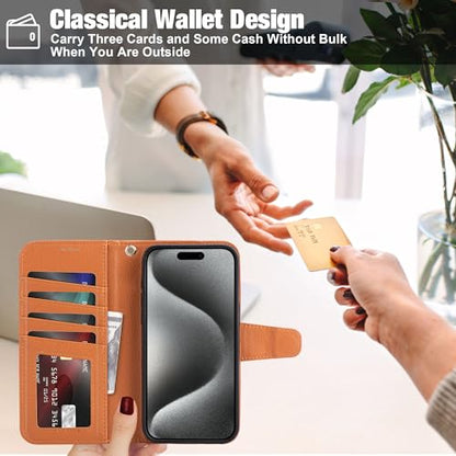 Arae Compatible with iPhone 15 Pro Max Case with Card Holder and Wrist Strap Wallet Flip Cover for iPhone 15 Pro Max 6.7 inch Men RFID Blocking Wristlet Kickstand,Light Brown - color: Litchi Light Brown, size: iPhone 15 Pro Max 6.7 inch