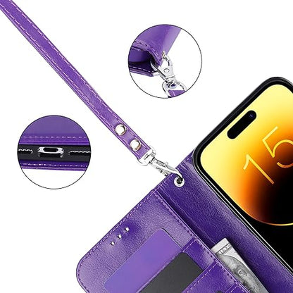 Bocasal Detachable Wallet Case Card Holder for iPhone 15 Pro Max Purple | RFID Blocking Kickstand Card Slots Holder PU Leather Magnetic Shockproof Wrist Strap Removable Flip Protective Cover 6.7 inch - color: Purple
