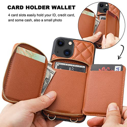 Bocasal Crossbody Wallet Case Card Holder for iPhone 13, Brown | RFID Blocking PU Leather Zipper Handbag Purse, Kickstand Flip Folio Case with Card Slots Holder Wrist Strap Lanyard 6.1 Inch - color: Brown