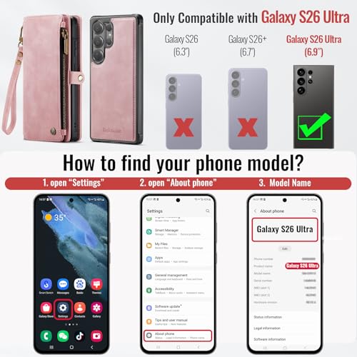 Defencase for Galaxy S26 Ultra Case Wallet Compatible with Magsafe, Pink | Magnetic Detachable, RFID Bolcking Card Holder, Zipper Strap, PU Leather Drop-Proof Phone Cover for Samsung Galaxy S26 Ultra - color: (Detachable with Magsafe)-Pink