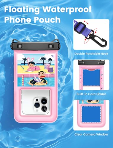 Paul Frank Waterproof Phone Pouch Floating, 2 Pack IPX8 Waterproof Phone Case with Lanyard for iPhone 17 16 15 14 Pro Max Galaxy S25 S24, Cellphone Dry Bag Beach Cruise Ship Essentials(up to 8.5") - color: Pink &Black