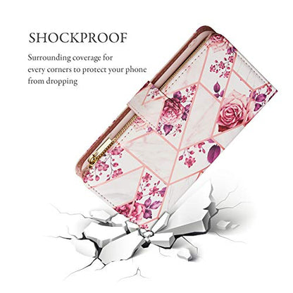 UEEBAI Wallet Case for iPhone 7 Plus iPhone 8 Plus, Premium PU Leather Case Magnetic Closure Geometric Marble Flower Pattern Handbag Zipper Pocket Case Kickstand Card Slots Flip Cover - Rose Gold#2 - color: Pink Flower, size: iPhone 7 Plus/iPhone 8 Plus