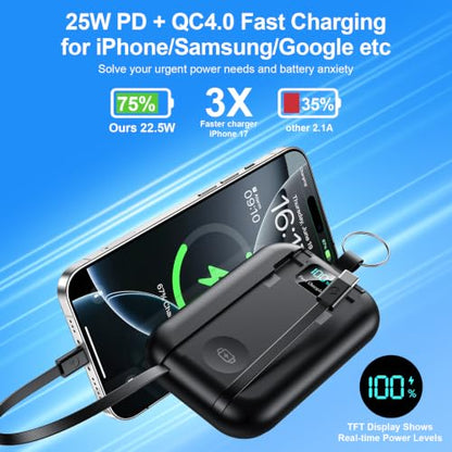 Magnetic Portable Charger 10000mAh Wireless Power Bank with Built-in Cables - color: Black