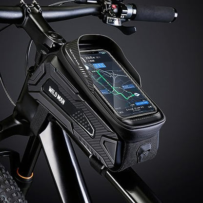 WILD MAN Hard Shell Bike Phone Frame Bag Waterproof Top Tube Bike Phone Bag with Sensitive Touch Screen for Road Mountain MTB Cycling(M30,Black) - color: Black