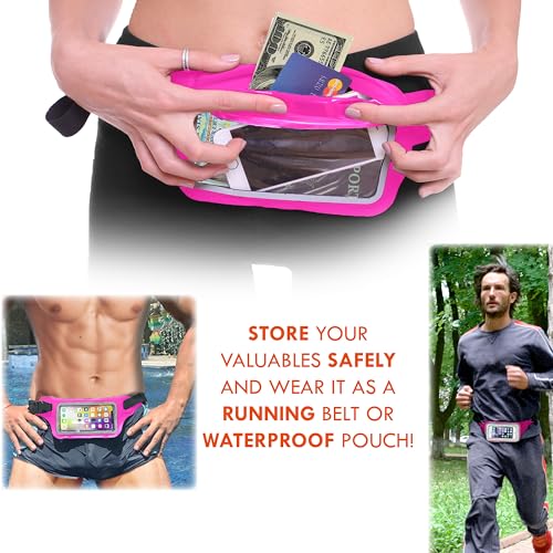 Ultimate Pink Waterproof Running Swimming Belt: Phone & Essentials Holder for Gym, Beach, Kayaking, Ski! Fits iPhone, Samsung - Touchscreen, IPX8 Rated Dry Waist Pouch - Adventure-Ready Performance! - color: Hot Pink