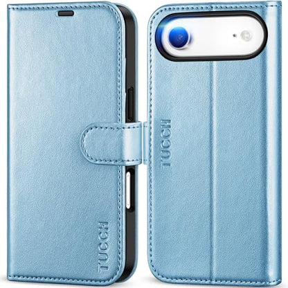 TUCCH Wallet Case for iPhone Air 6.5" 2025, 4 Card Slots, Pearly Light Blue | RFID Blocking, Viewing Stand, Shockproof TPU Shell, PU Leather, Magnetic Closure, Protective Folio Flip Cover - color: Pearly Light Blue