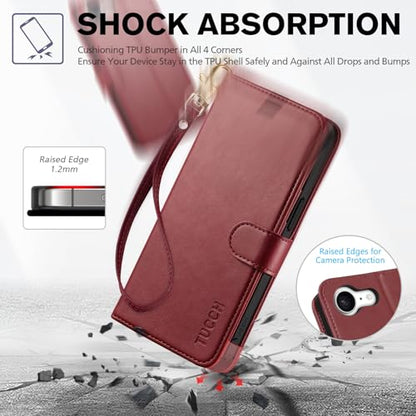 TUCCH Case Wallet with Wrist Strap for iPhone 17e 16e (6.1"), Dark Red | 4 Card Slots, RFID Blocking, Kickstand, Shockproof TPU Shell, PU Leather, Magnetic Closure, Folio Flip Cover - color: Strap - Dark Red