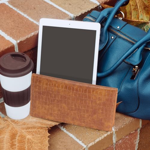 CoBak Checkbook Cover for Women & Men - PU Leather Case with RFID Blocking | Classic Design Check Book Holder for Personal and Business - color: Crocodile Brown