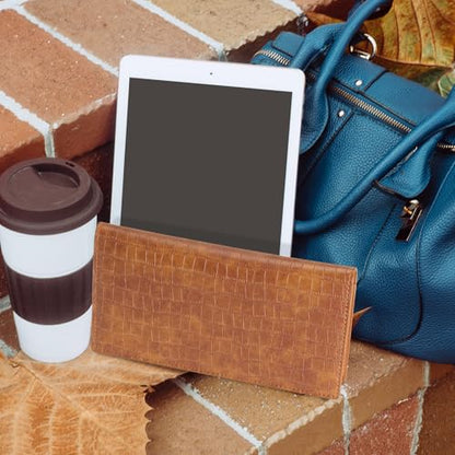 CoBak Checkbook Cover for Women & Men - PU Leather Case with RFID Blocking | Classic Design Check Book Holder for Personal and Business - color: Crocodile Brown