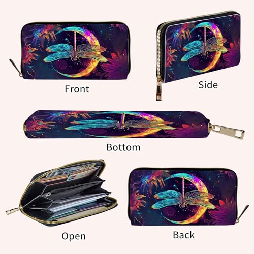 Ladies Wallet,Clutch Purses for Women Wallets Leather Credit Card Holder for Women Wristlet Slim Small Cute with Zipper,Thin RFID Blocking with Wrist Strap,Glitter Dragonfly Moon - color: Glitter Dragonfly Moon