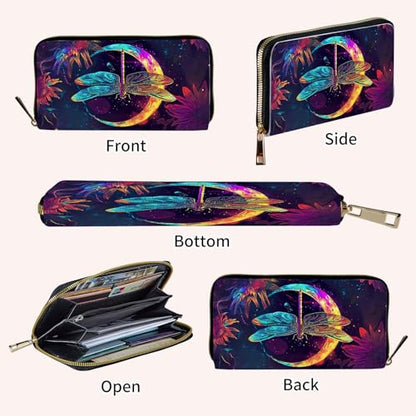 Ladies Wallet,Clutch Purses for Women Wallets Leather Credit Card Holder for Women Wristlet Slim Small Cute with Zipper,Thin RFID Blocking with Wrist Strap,Glitter Dragonfly Moon - color: Glitter Dragonfly Moon