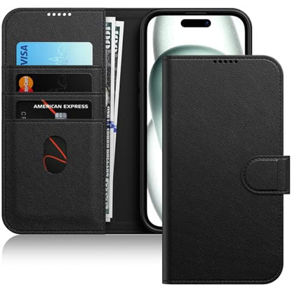 JETech Wallet Case for iPhone 15, Black | Shockproof PU Leather, Card Holder, Magnetic Flip Cover, Stand Feature, Full Camera Protection - color: Black