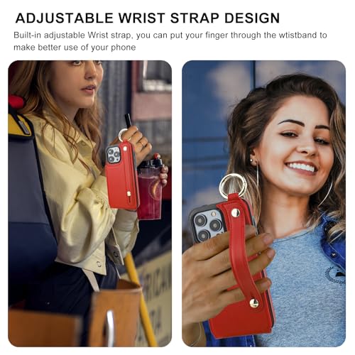 Folosu for iPhone 15 Pro Max Wallet Case with Card Holder, Hand Wrist Strap Loop Holder Kickstand, RFID Blocking Finger Grip Ring PU Leather Double Buttons Shockproof Cover 6.7" Red - color: Red