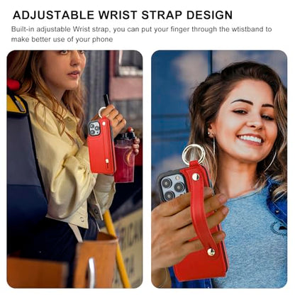 Folosu for iPhone 15 Pro Max Wallet Case with Card Holder, Hand Wrist Strap Loop Holder Kickstand, RFID Blocking Finger Grip Ring PU Leather Double Buttons Shockproof Cover 6.7" Red - color: Red