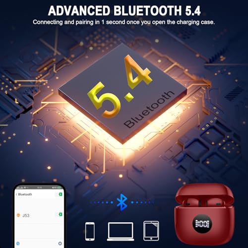 Jxrev Wireless Earbuds, Bluetooth Headphone 5.4, LED Power Display Ear Buds - color: peach Wine red