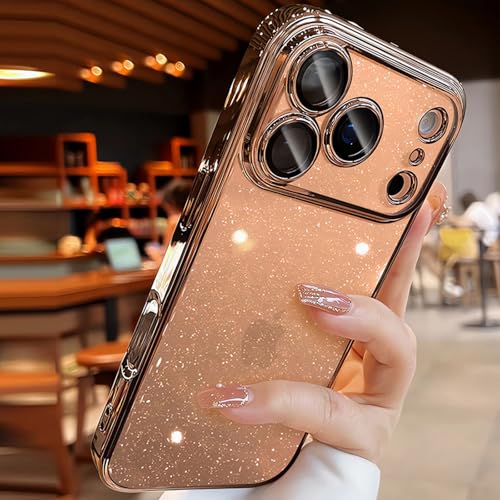 Glitter Case for iPhone 17 Pro Max,Clear 17 Pro Max Case Built in Shiny Camera Lens Protector Women Girly Sparkly Bling Back Panel Luxury Plating Soft TPU Shockproof Protective Phone Cover 6.9",Gold - color: Desert Titanium, size: For iPhone 17 Pro Max 6.