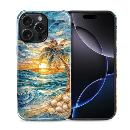 Case for iPhone 16 Pro, Dual Layer Phone Cover, Stained Glass Beach Palm - color: Stained Glass Beach Palm, size: Iphone 16 Pro
