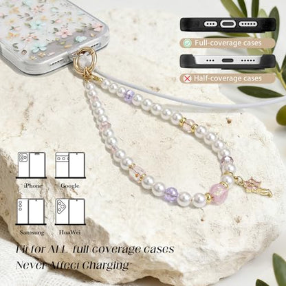 pcgaga Pearl Beaded Phone Charm, Phone Wrist Strap, Handmade Bracelet Straps, Anti-Lost Lanyard Wrist Chain for Airpods Women Girls Gift - color: Pink Blossom