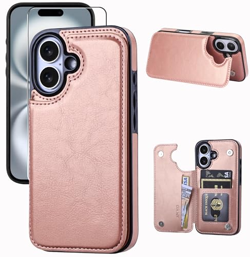 Wallet Case Compatible with iPhone 16 6.1", Slim Protective Case with Card Holder,Premium PU Leather Kickstand Card Slots Case with Double Magnetic Clasp-Rosegold - color: Rosegold, size: iphone 16 6.1"
