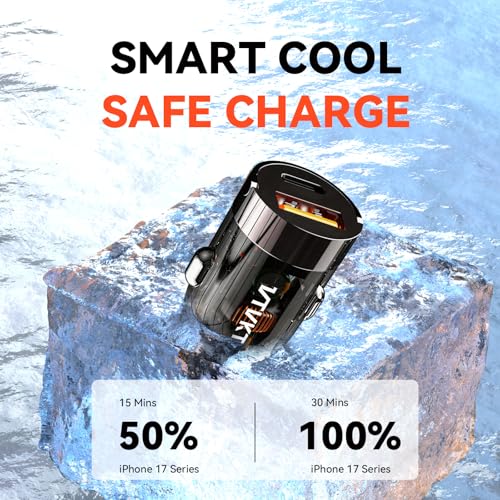 VTVKT Car Charger USB C Fast Charge, Fast Charging Car Charger, Mini Metal Dual Port Cigarette Lighter Adapter for iPhone 17/16/15 Series, iPad, AirPods, Google Pixel, and More