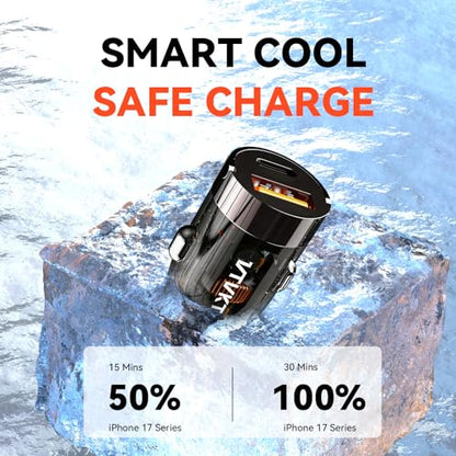 VTVKT Car Charger USB C Fast Charge, Fast Charging Car Charger, Mini Metal Dual Port Cigarette Lighter Adapter for iPhone 17/16/15 Series, iPad, AirPods, Google Pixel, and More
