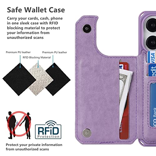 iCoverCase Compatible with iPhone 14 Pro Wallet Phone Case with Card Holder for Women, RFID Blocking Embossed PU Leather Wrist Strap Case 6.1 Inch (Macaron Purple) - color: P-Purple
