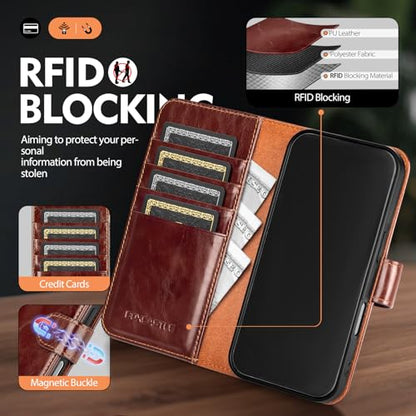 Compatible with iPhone 16 Pro Max Genuine Leather Case Wallet with Card Holder,Women Men Real Leather Flip Folio RFID Blocking Credit Card Slots Phone Cover,for Apple 16 ProMax,Brown - color: Brown, size: iPhone 16 Pro Max - 6.9"