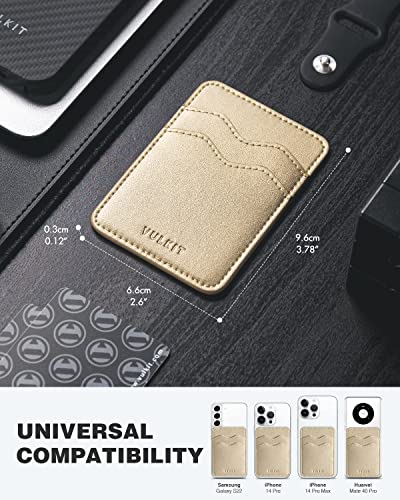 VULKIT Stick on Card Holder Compatible for iphone Leather Cell Phone Wallet Credit Card Case Strong Sticker for Women - color: Gold