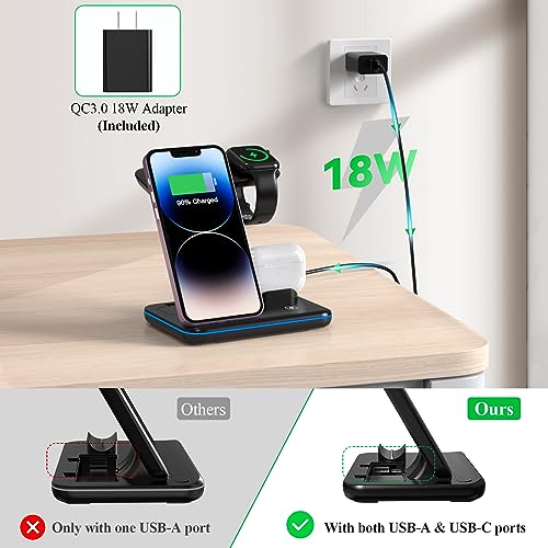 Minthouz Phone Wireless Charger, 18W Fast Charging Station for iWatch (Watch Charger is NOT included), AirPods, Wireless Charger Stand Compatible with iPhone 15/14/13/12/11 Series (with QC3.0 Adapter)