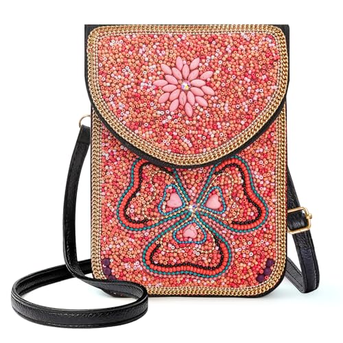 Small Beaded Crossbody Bag for Women, Boho Cell Phone Shoulder Purse Wallet with Handcrafted Colorful Beads - color: Trefoil Flower