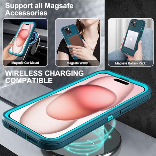 YKHJKLEC for iPhone 15 Case, Compatible with Magsafe, Military Grade 3 in 1 Heavy Duty Shockproof/Drop Proof/Dust Proof Case with 2Pcs Tempered Glass Screen Protector (New-Blue/Turquoise) - color: New-Blue/Turquoise