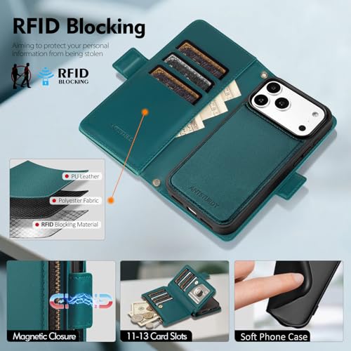 Antsturdy Compatible with MagSafe iPhone 17 Pro Wallet Case,Indigo Blue | Detachable Magnetic Credit Card Holder,RFID Blocking,PU Leather Zipper Purse,Wrist Strap Kickstand,Flip Phone Cover for Women - color: (Detachable with Magsafe)-Indigo Blue