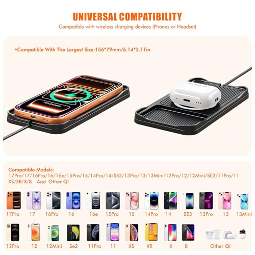Wireless Car Charger Pad for iPhone 17/16/15/14/13/12 Pro & Samsung, Non Slip Wireless Charging Pad for Car Dashboard Console, USB A Phone Charger for Vehicle Commute Travel, Fits Small Phones
